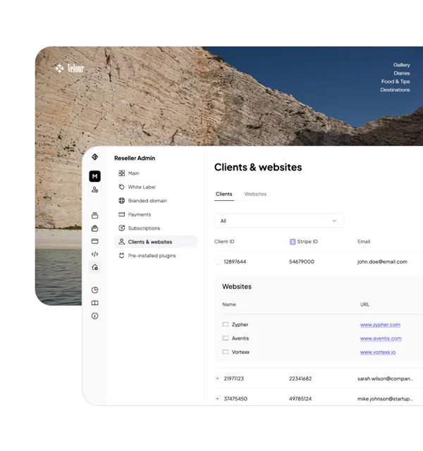 Velour Reseller Admin panel showing clients and websites with IDs, emails, and URLs in a clean, modern interface.