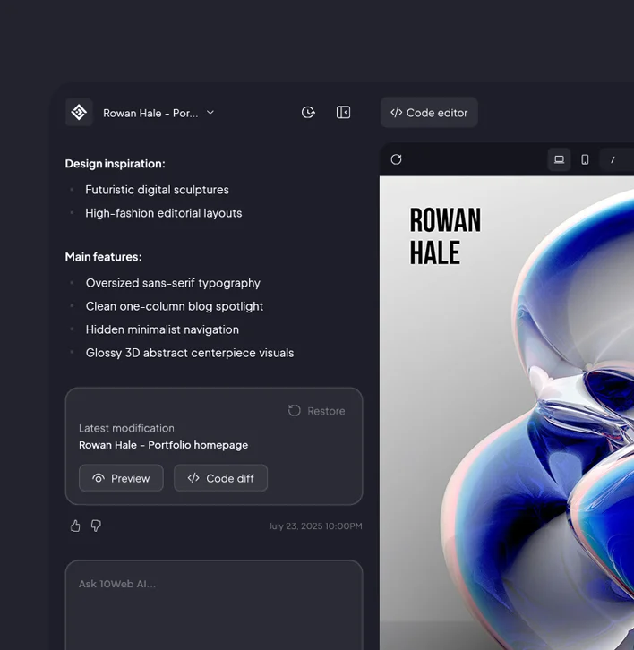 10Web AI workspace showing portfolio homepage design and AI feature suggestions with a dark-mode sleek aesthetic.