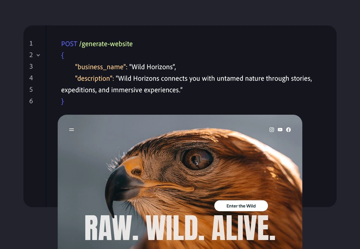 10web website generator showing API input for 'Wild Horizons' and the generated website preview featuring an eagle.