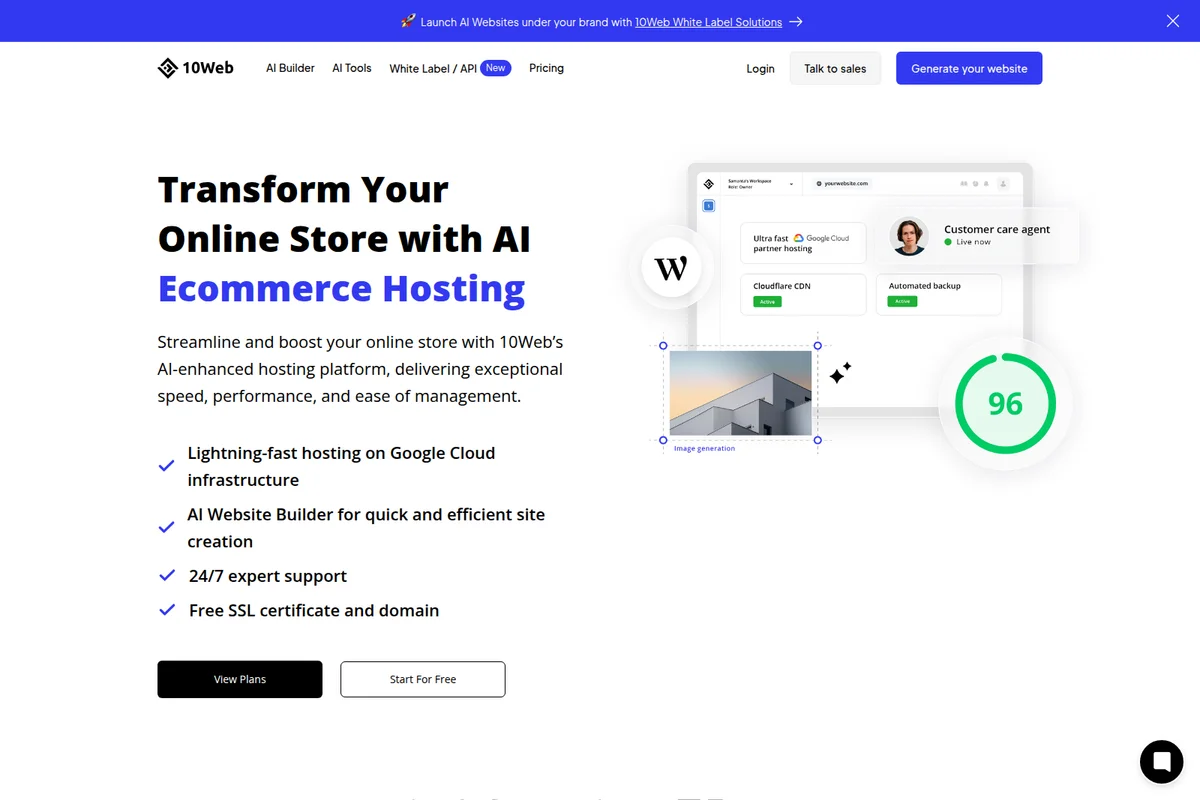 10Web Ecommerce Hosting landing page showing AI-enhanced features and a dashboard mockup with a clean, modern interface.