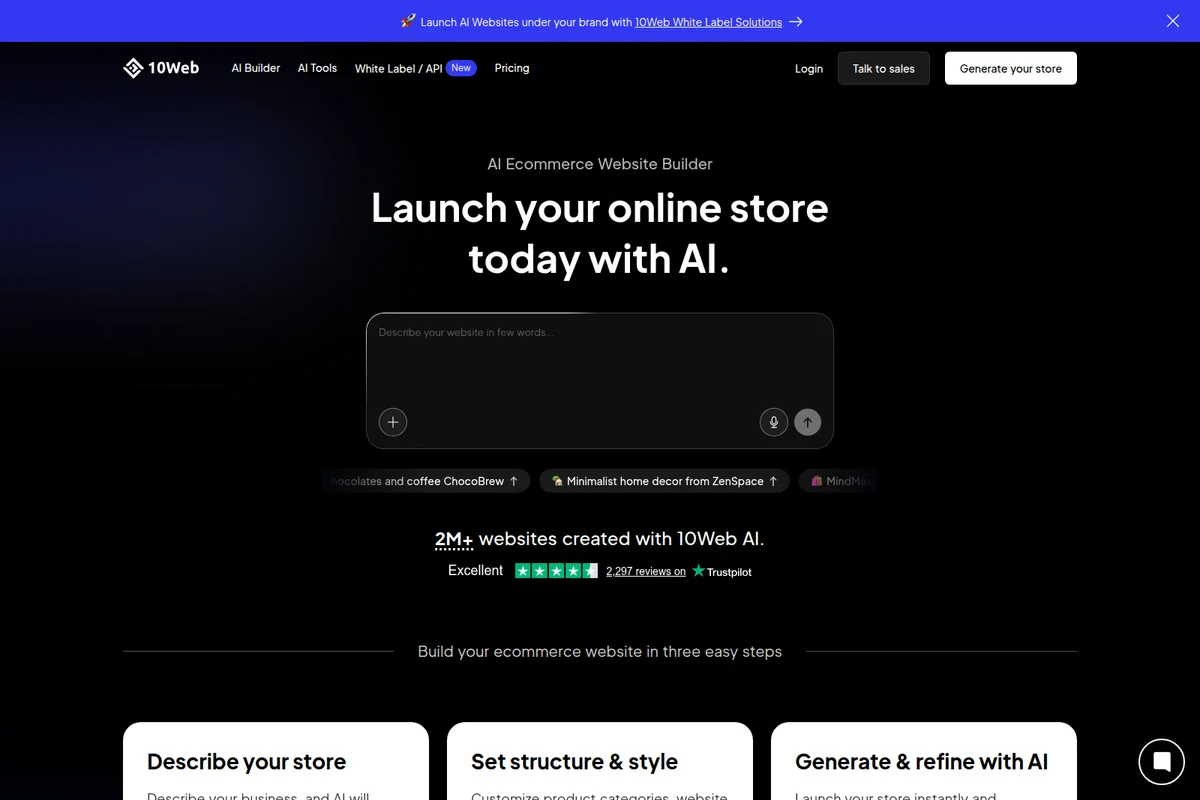 10Web AI Ecommerce Website Builder landing page showing the prompt input for launching an online store with a sleek dark-mode interface.