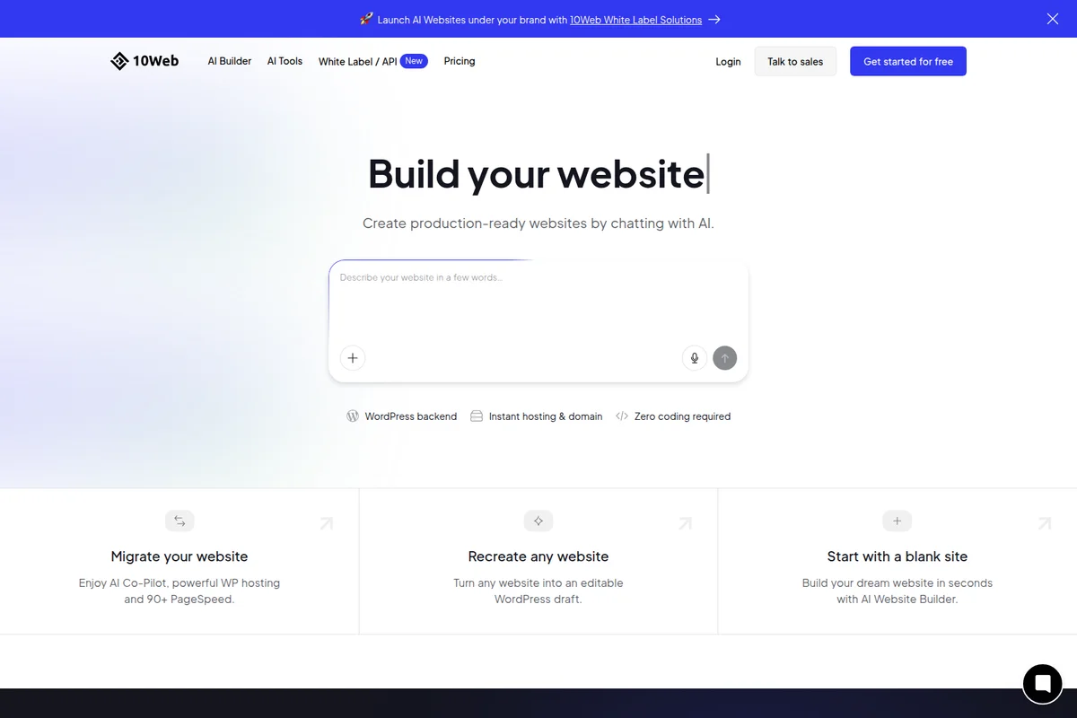 10Web AI Builder workspace showing a prompt to generate a website by description, in a clean, modern interface.
