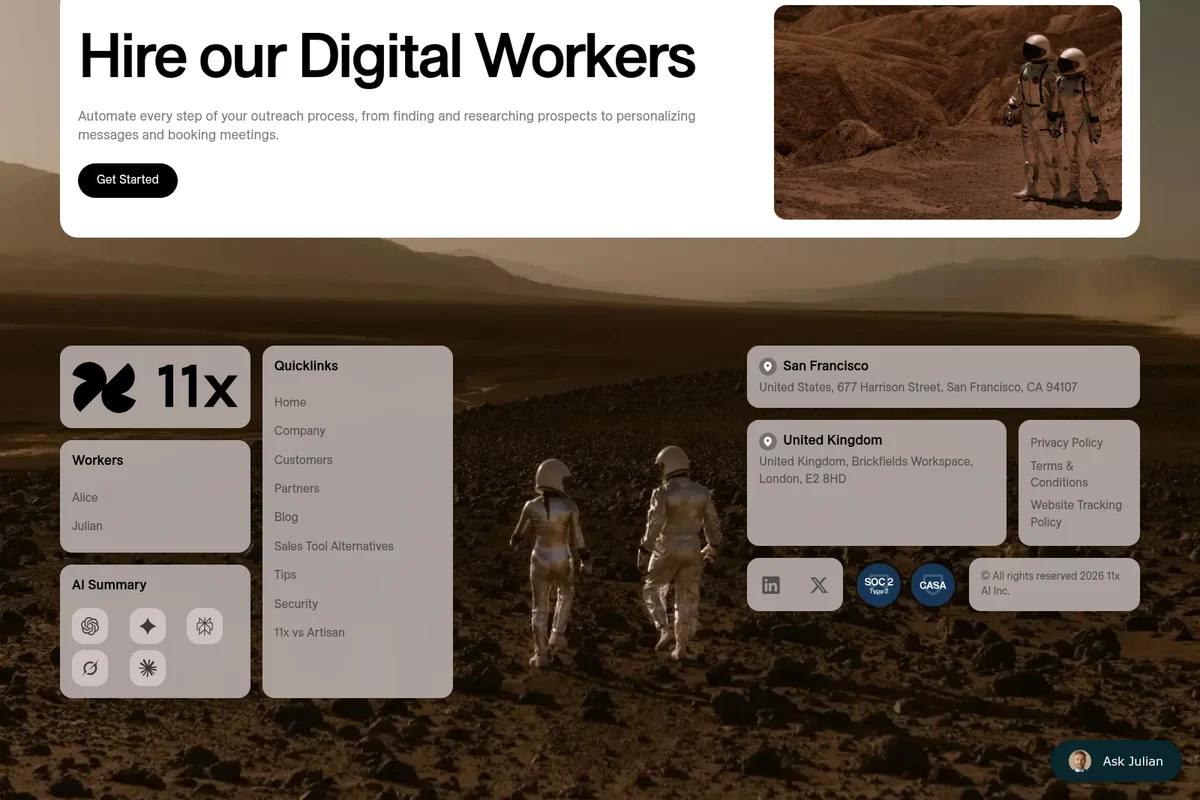 11x-ai landing page featuring 'Hire our Digital Workers' headline with a sci-fi desert landscape and astronaut imagery
