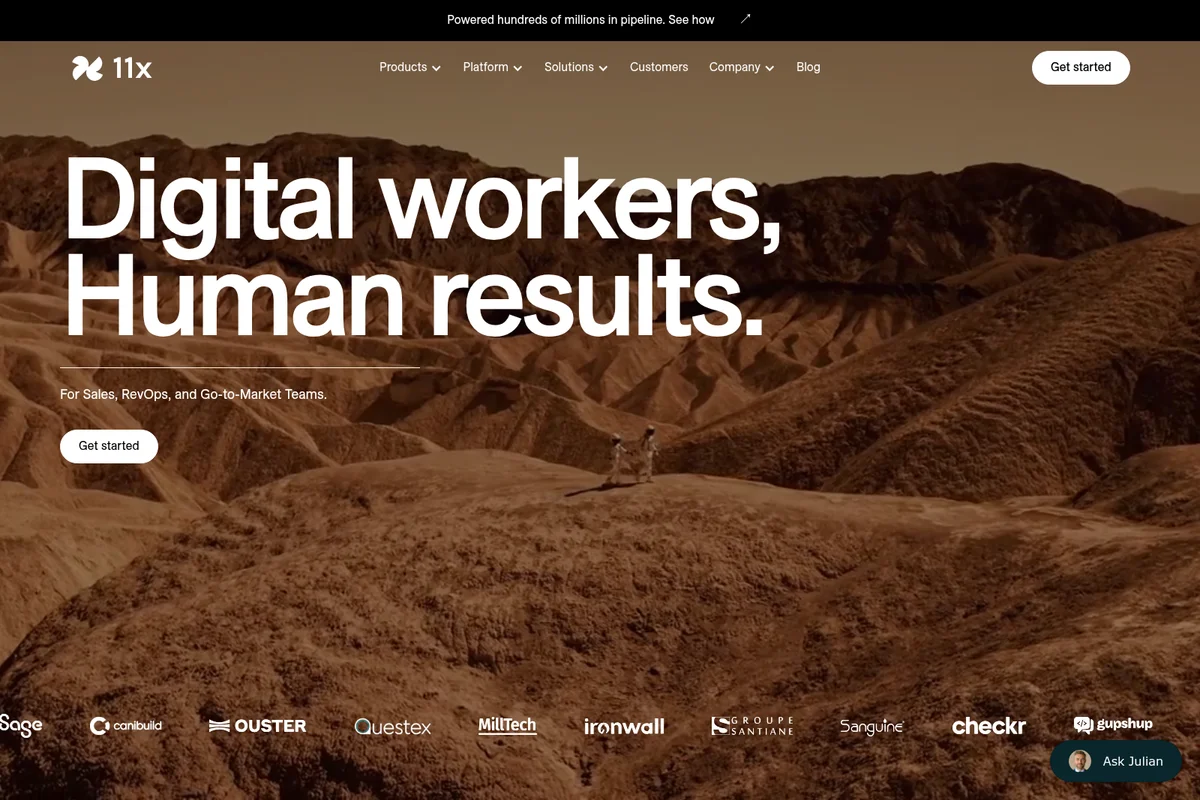 11x-ai homepage hero presenting the core value proposition 'Digital workers, Human results.' over a striking desert landscape background.