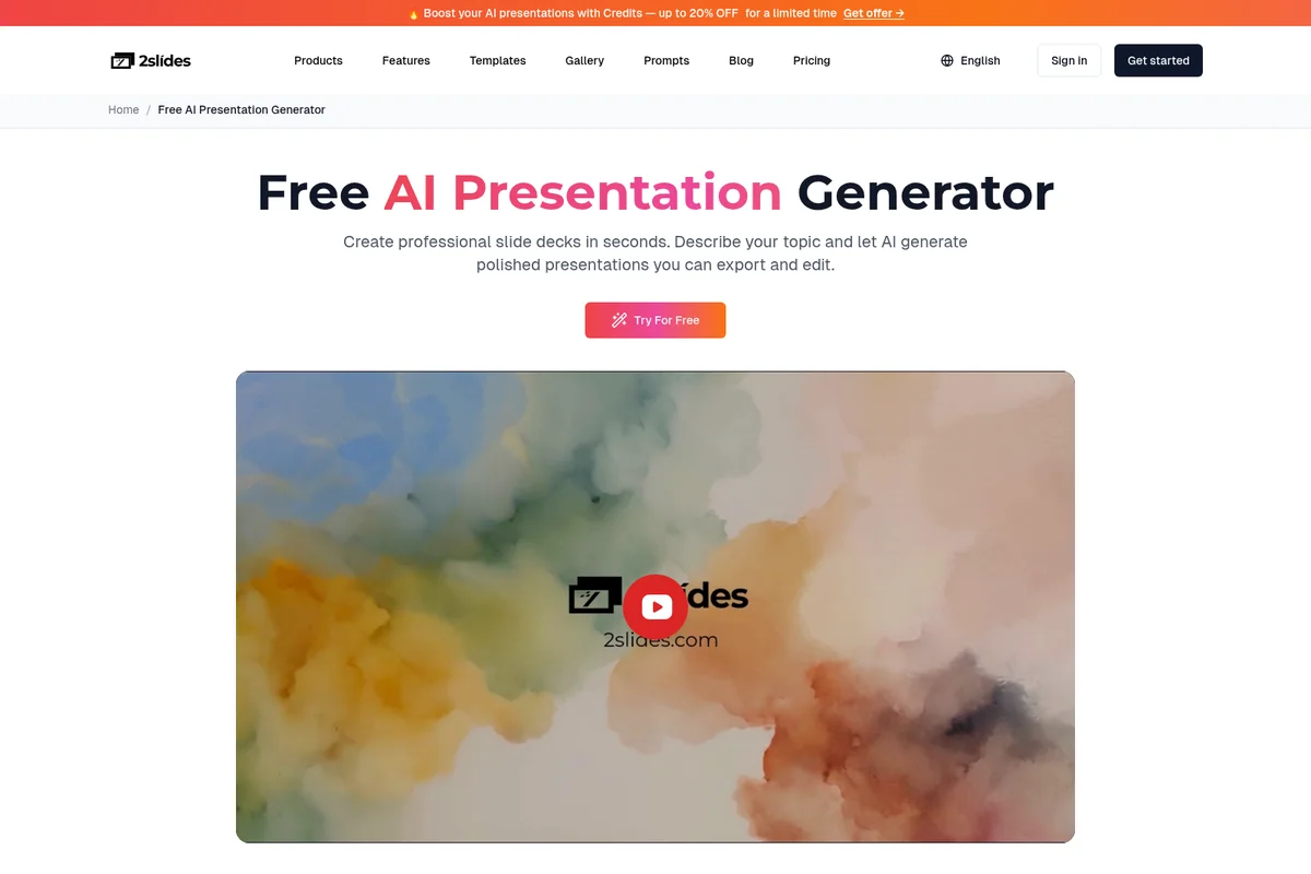 2slides AI Presentation Generator landing page with a 'Free AI Presentation Generator' headline, description, 'Try For Free' button, and a video thumbnail.