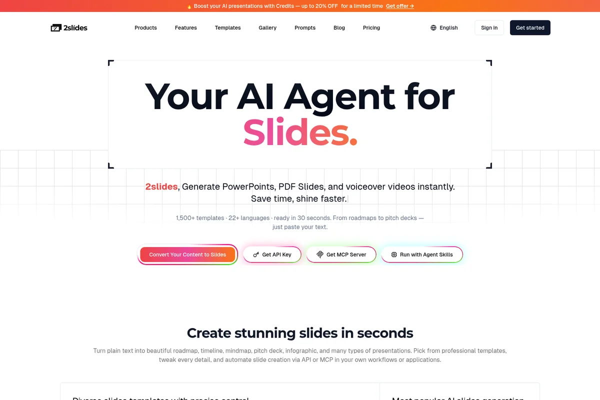 2slides homepage hero section highlighting its AI agent for presentations with a clean, modern design.