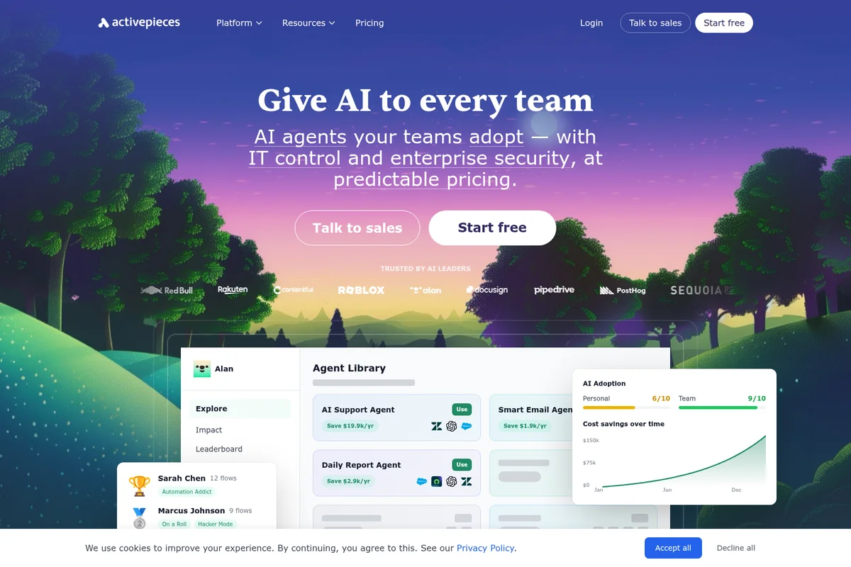 Activepieces homepage showing AI agent library and adoption metrics, set against an illustrated landscape