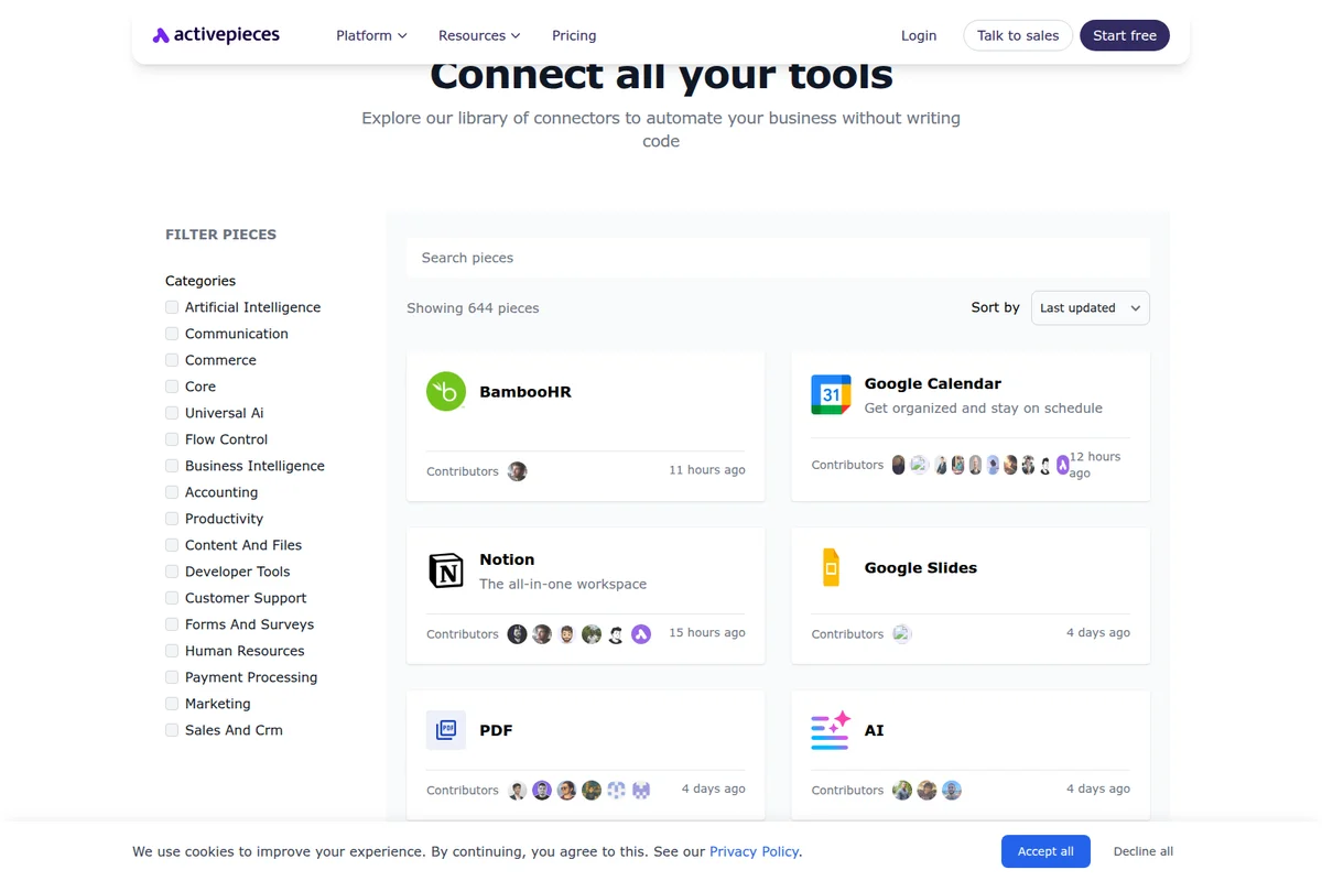 Activepieces integrations page showing a library of available connectors like BambooHR, Google Calendar, and Notion, with a clean and modern interface.