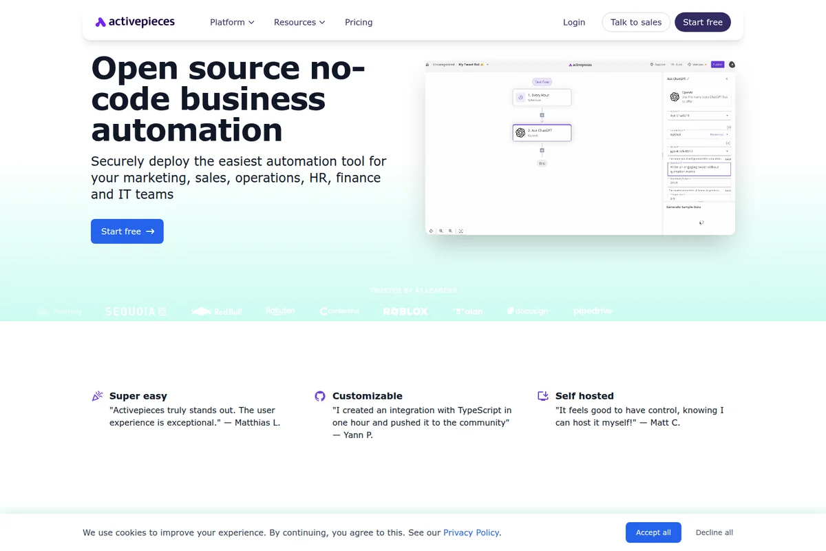 Activepieces workspace showing a no-code business automation workflow being built with a clean white interface.