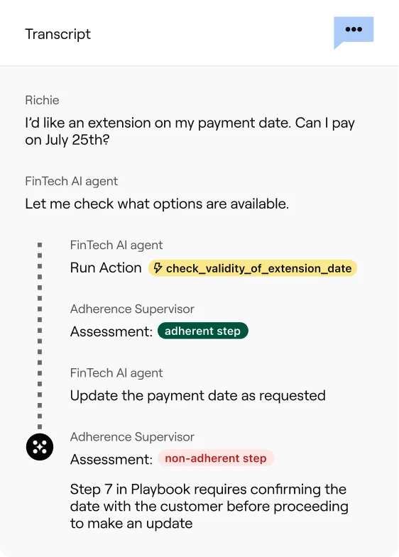 ada AI transcript showing adherence supervisor flagging a non-compliant agent action during payment extension.