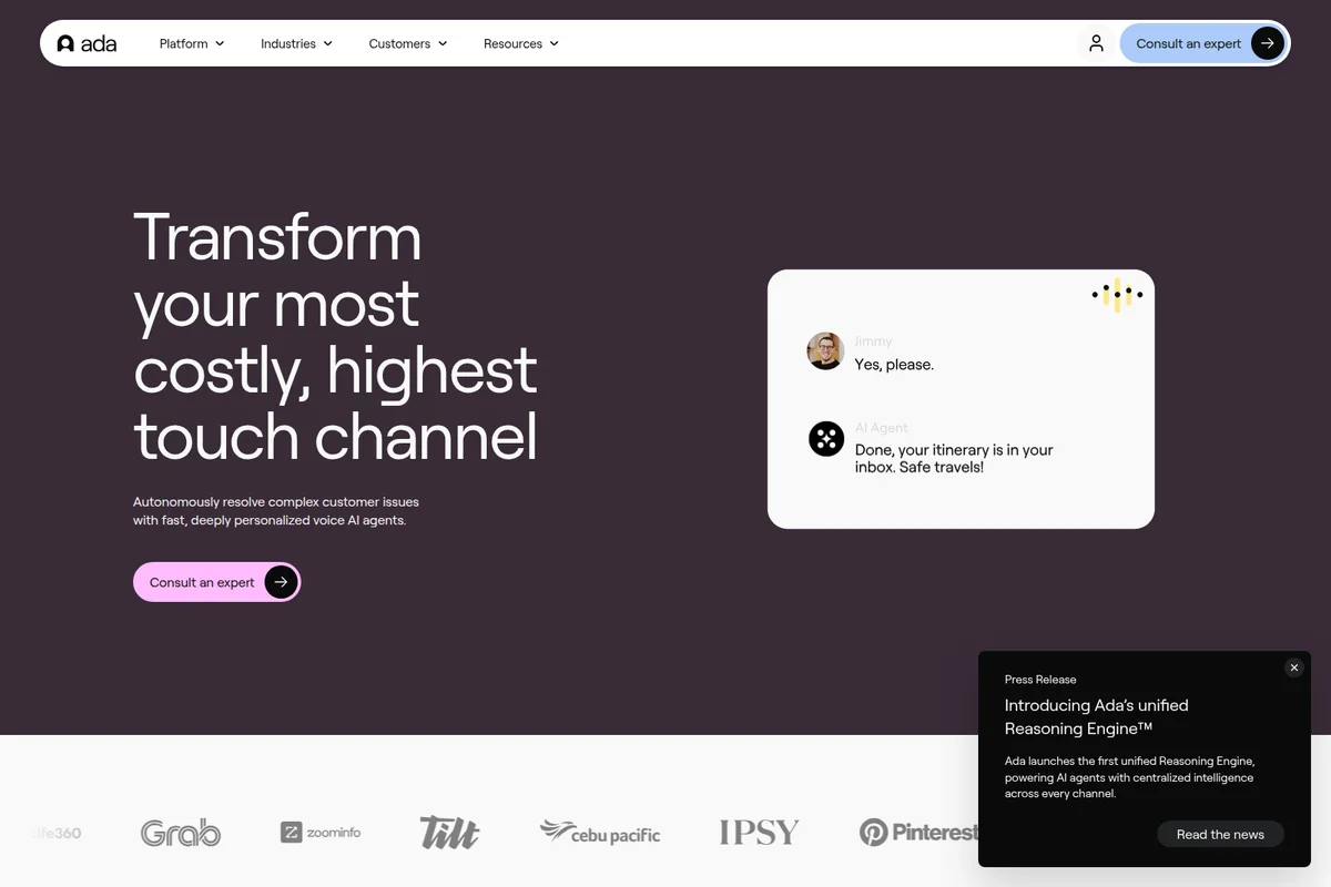 Ada landing page showing an AI agent resolving customer issues through a modern chat interface, demonstrating core functionality.