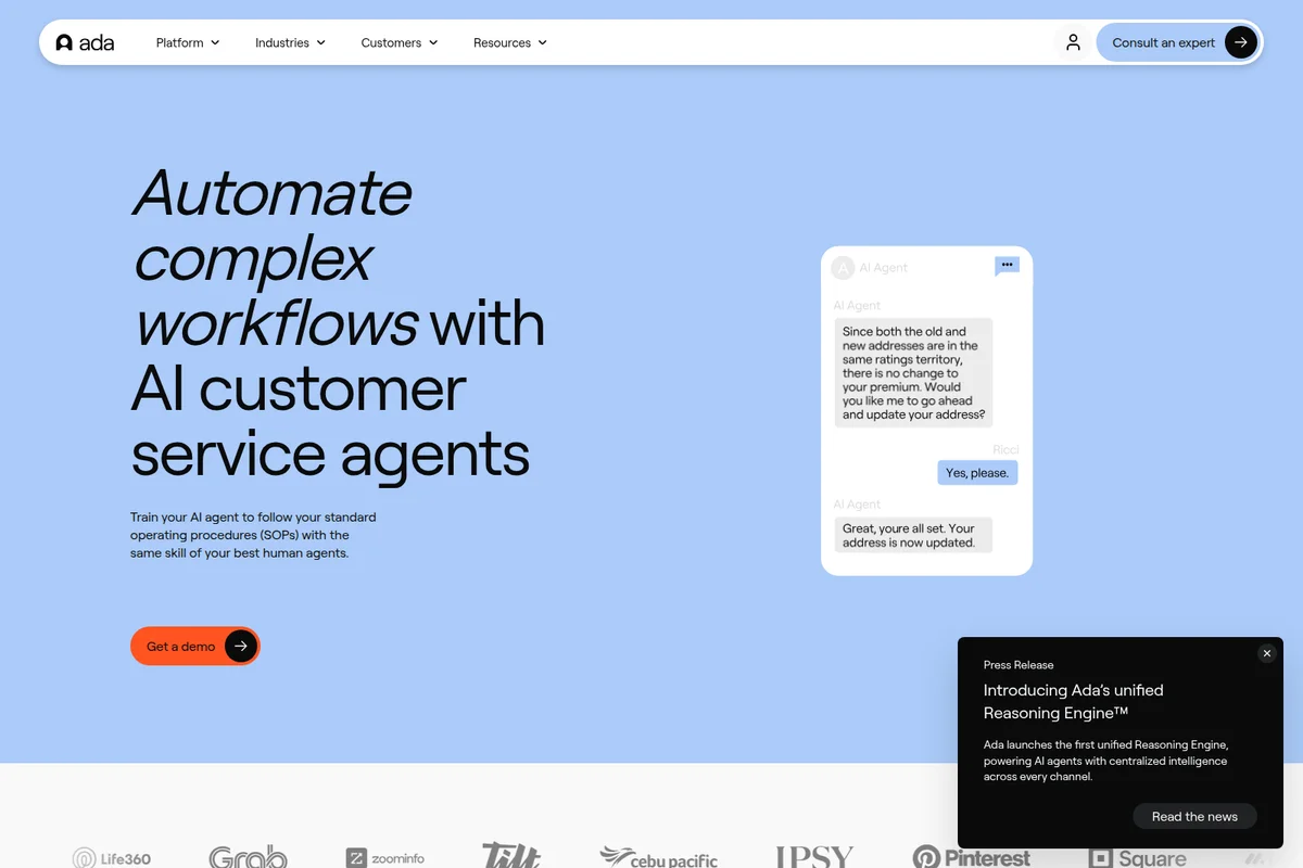 Ada homepage hero demonstrating AI customer service agents automating complex workflows with a simulated chat interface in a modern design.