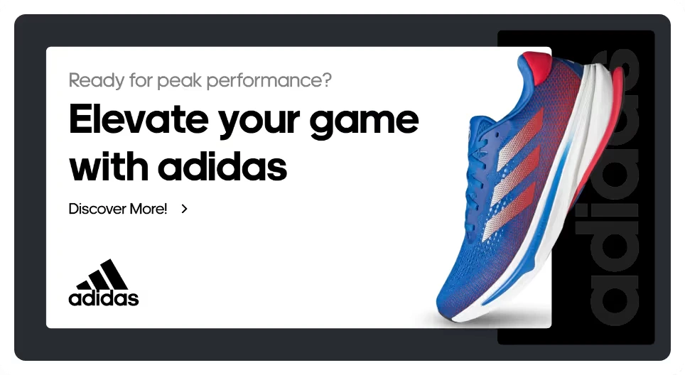 Adcreative.ai ad creative displaying an Adidas running shoe in blue and red, promoting peak performance with a modern design.
