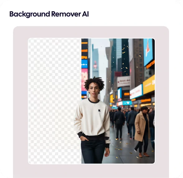 Adcreative AI Background Remover showing a person from a city street scene with their background removed on the left, displaying a transparent checkerboard pattern.