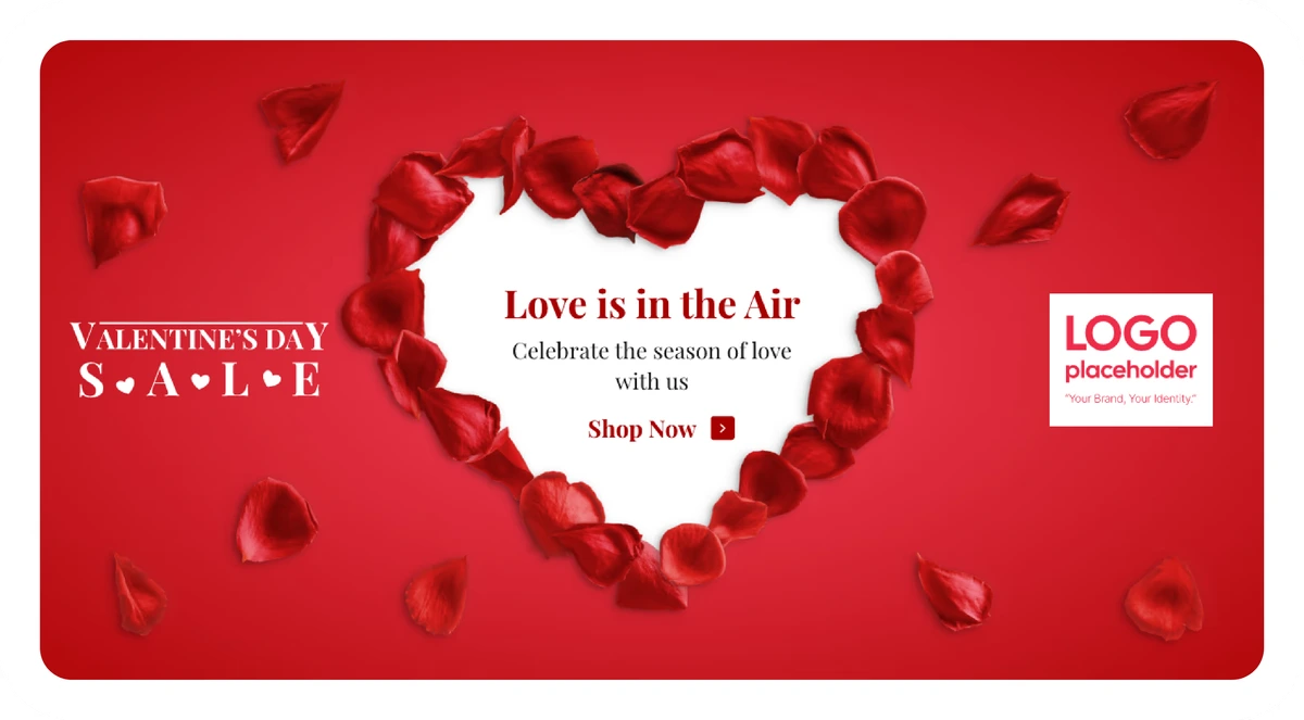 AdCreative.ai output sample showing a Valentine's Day sale banner with red rose petals forming a heart shape, with promotional text and a 'Shop Now' button.