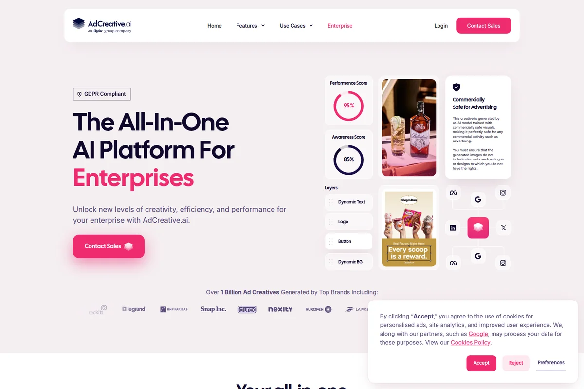 AdCreative.ai enterprise page showcasing AI-powered ad creation capabilities with performance metrics, output samples, and integration icons on a modern, clean interface.