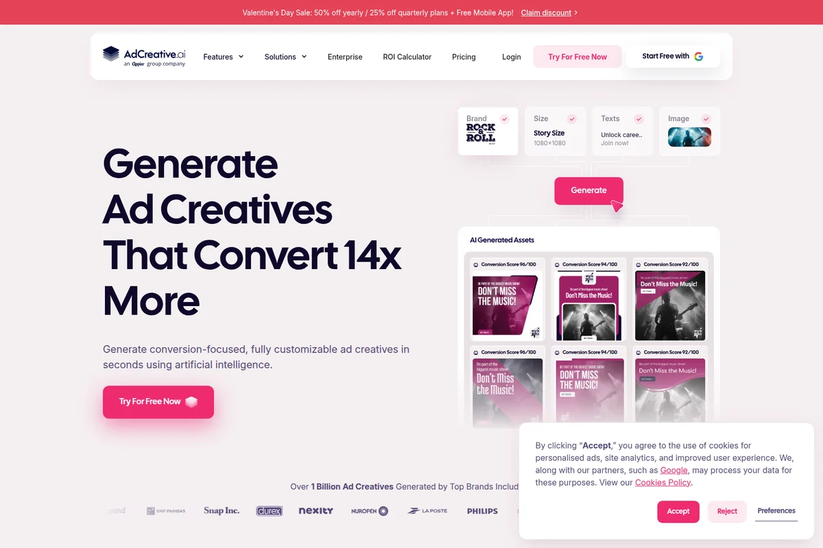 AdCreative.ai platform showcasing AI creative generation from inputs to high-scoring ad outputs with a modern, clean interface.