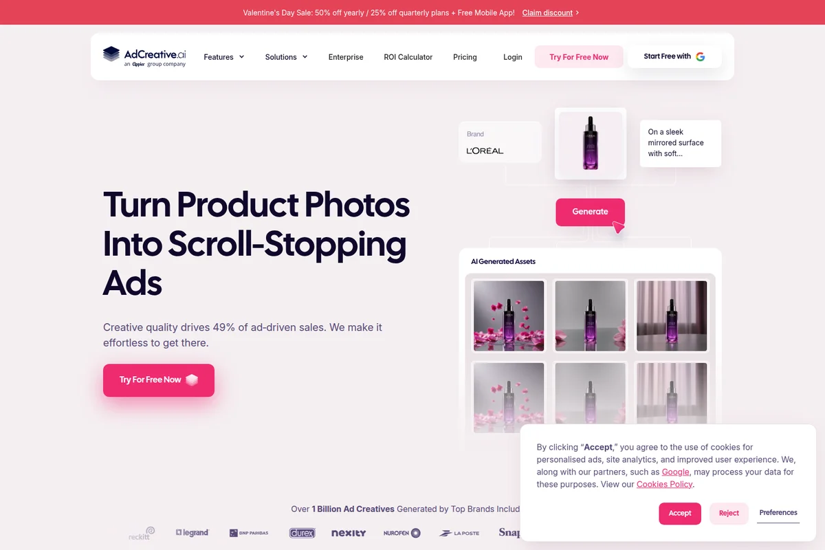 AdCreative.ai workspace showing AI product photoshoot generation with multiple creative asset outputs in a clean, modern interface.