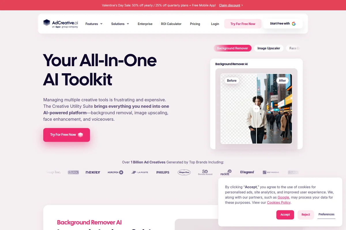 AdCreative.ai landing page showcasing an AI toolkit with a before-and-after background remover demonstration in a clean, modern interface.
