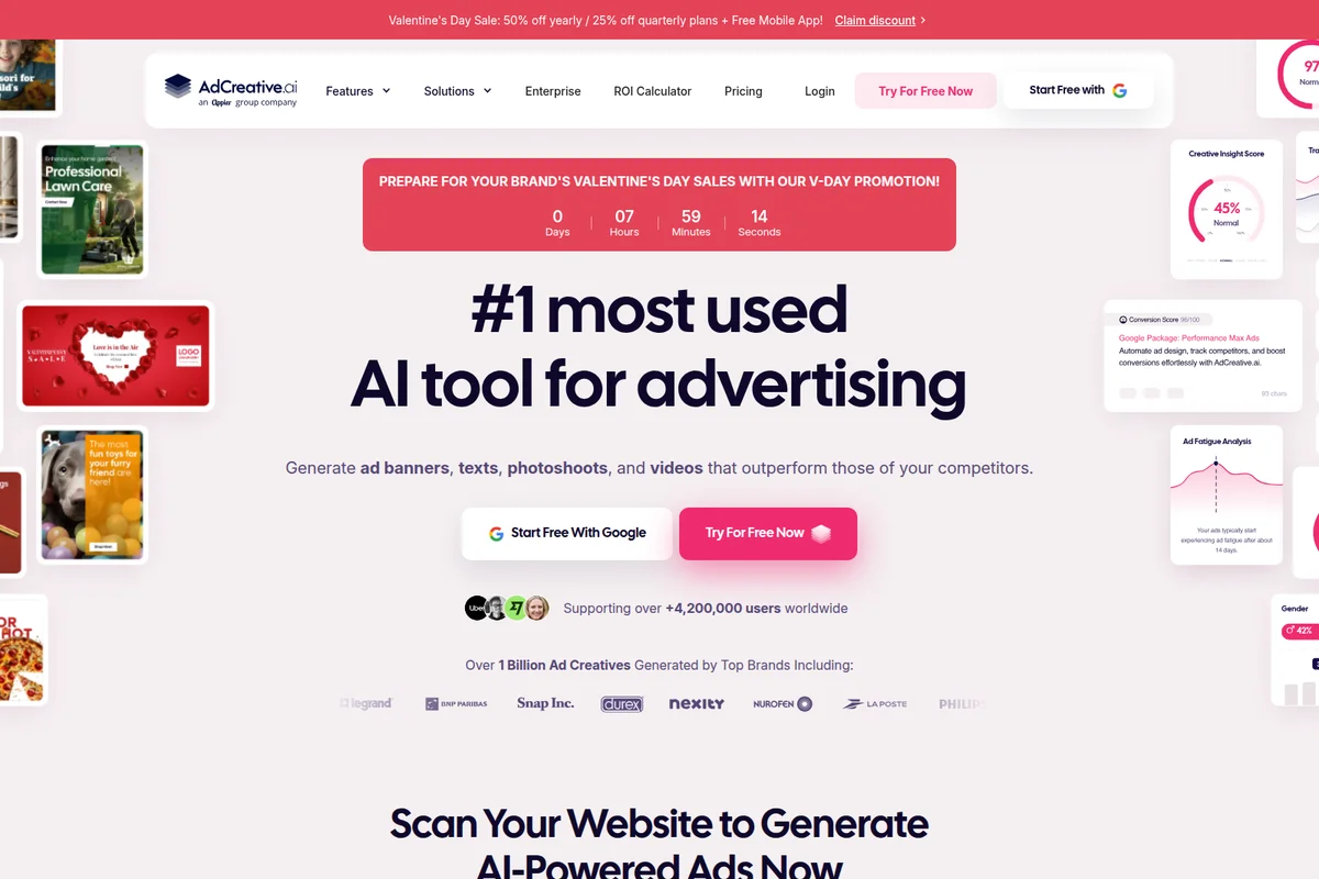 AdCreative.ai homepage featuring an AI-powered ad generation tool with example banner creatives, performance scores, and a Valentine's Day sale countdown.