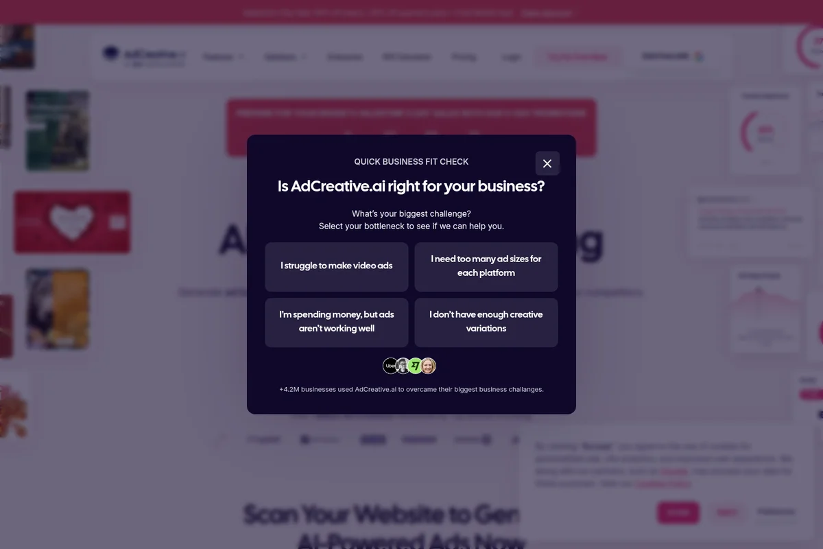 AdCreative.ai's business fit check modal demonstrating how the AI helps users identify ad creation challenges within a dark-themed interface.