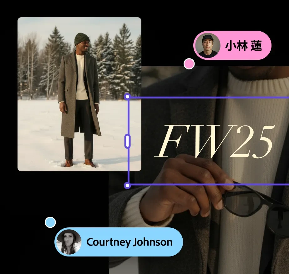 Adobe Firefly visual workspace showing generated fashion images with user annotations and collaboration UI on a dark background.