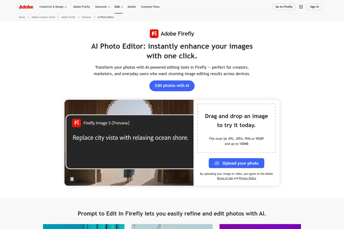 Adobe Firefly AI Photo Editor demonstrating image replacement using a prompt overlay and an interactive upload area.