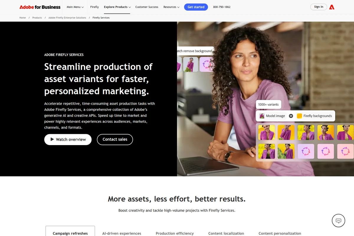 Adobe Firefly Services demonstrating AI-generated asset variants for personalized marketing from a model image with customizable backgrounds in a modern interface.