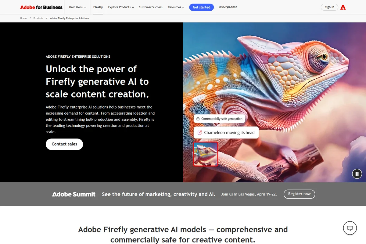 Adobe Firefly enterprise solutions landing page displaying an AI-generated vibrant chameleon with generative AI feature callouts and marketing text.