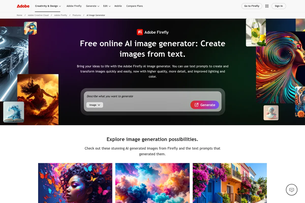 Adobe Firefly AI Image Generator workspace showing text-to-image prompt input with diverse AI-generated art examples.