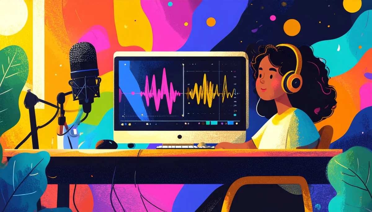 Adobe Podcast workspace showing audio waveforms with a colorful illustrated style.