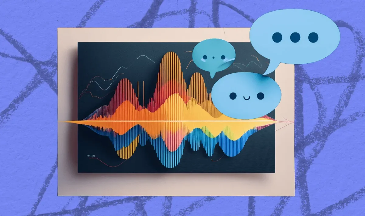 Adobe Podcast audio waveform visualization showing vibrant sound patterns with friendly speech bubbles in a modern graphical style.
