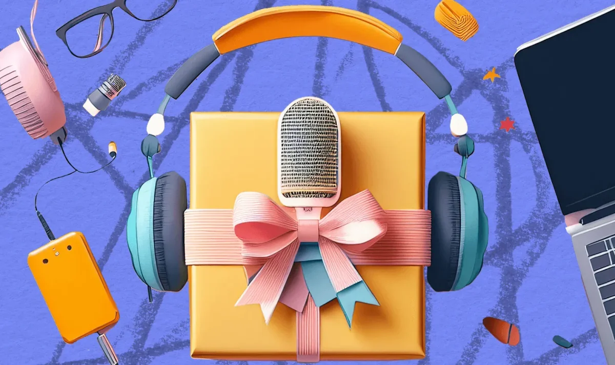 Adobe Podcast landing-hero showing a gift box with a microphone, headphones, and audio interface in a colorful illustration.