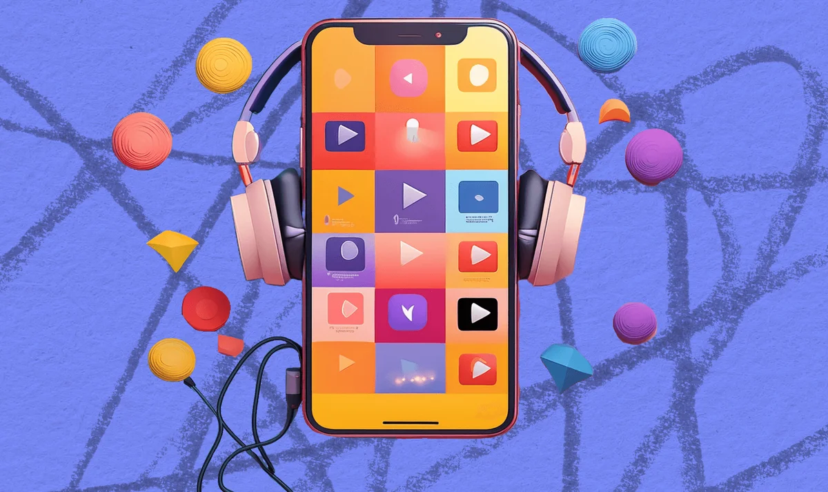 Adobe Podcast illustration showing a smartphone with headphones displaying various media player icons in a vibrant, illustrative style.