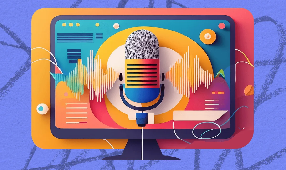 Adobe Podcast conceptual UI showing a recording microphone with audio waveforms in a vibrant, layered paper-cut style.