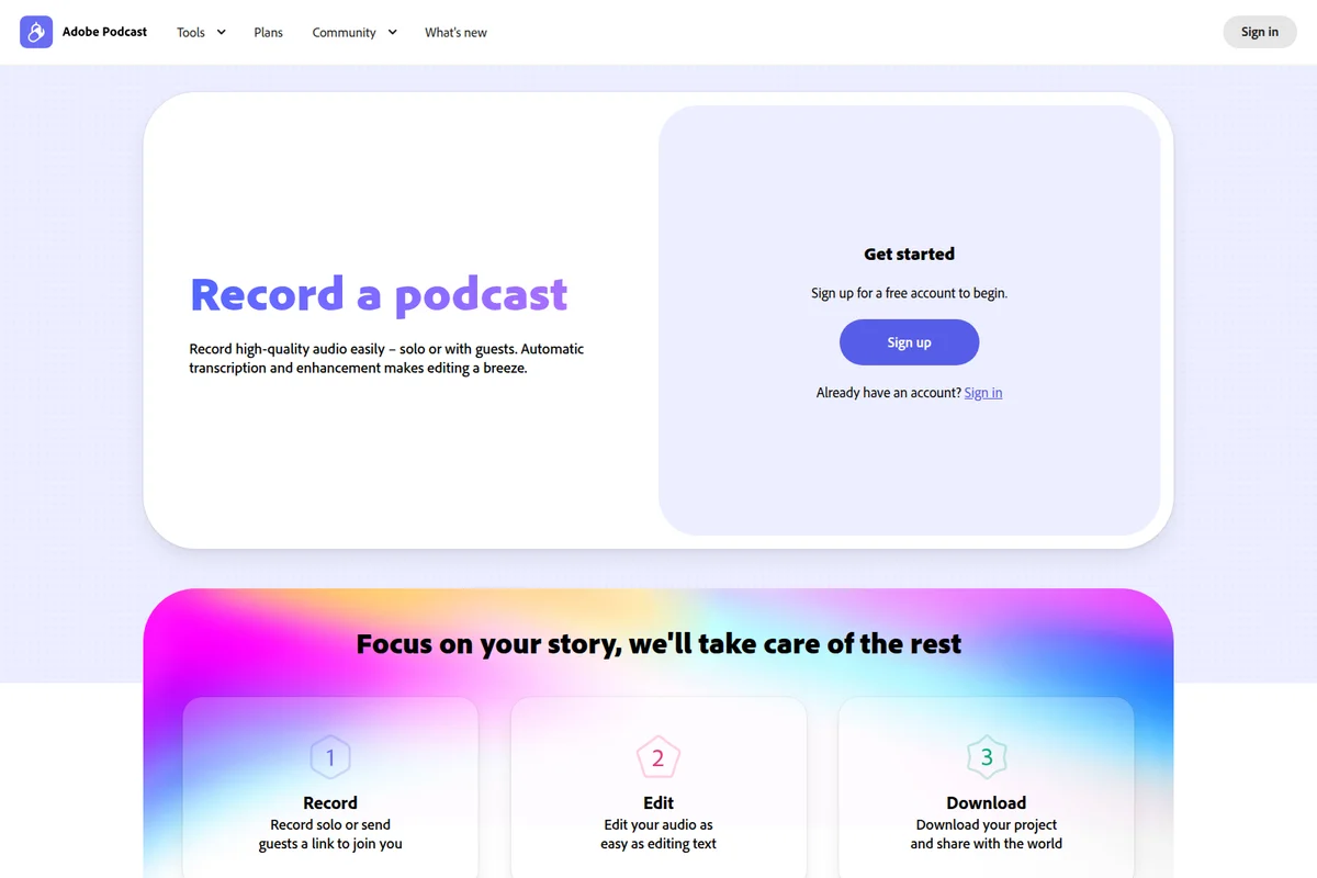 Adobe Podcast landing page introducing its podcast recording and editing features with a clean, modern interface and vibrant gradients.