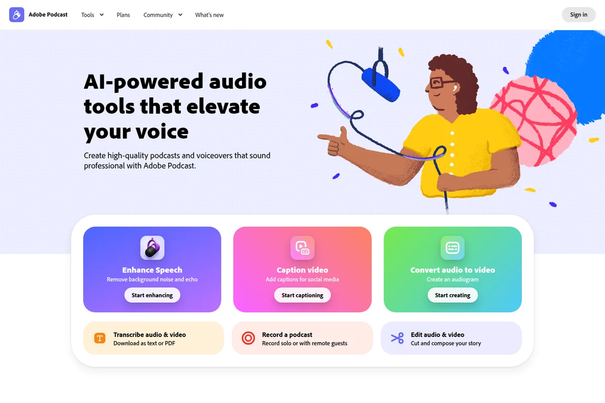 Adobe Podcast homepage showing AI-powered audio tools and feature cards with a clean, vibrant interface.
