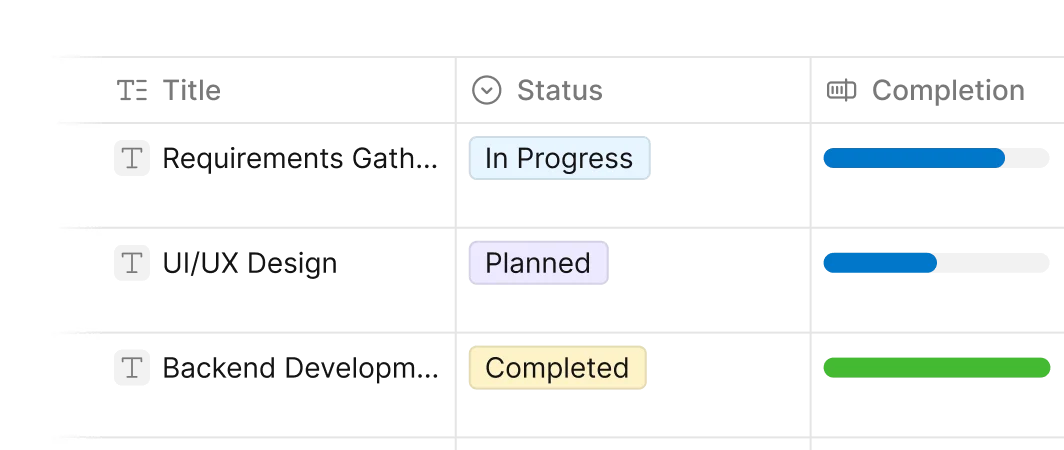 affine workspace UI displaying a project task list with status indicators and completion progress bars in a clean, light-themed interface.