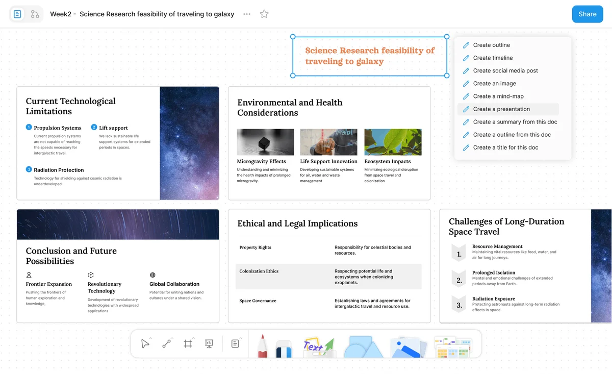 Affine workspace displaying structured research notes on space travel feasibility, featuring cards, images, and an AI action menu.