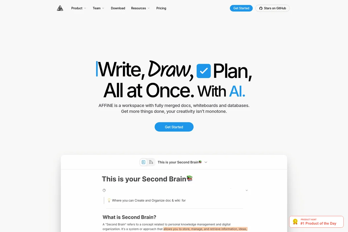 Affine workspace showcasing AI-powered document, whiteboard, and database integration in a clean, minimalist light-theme UI.