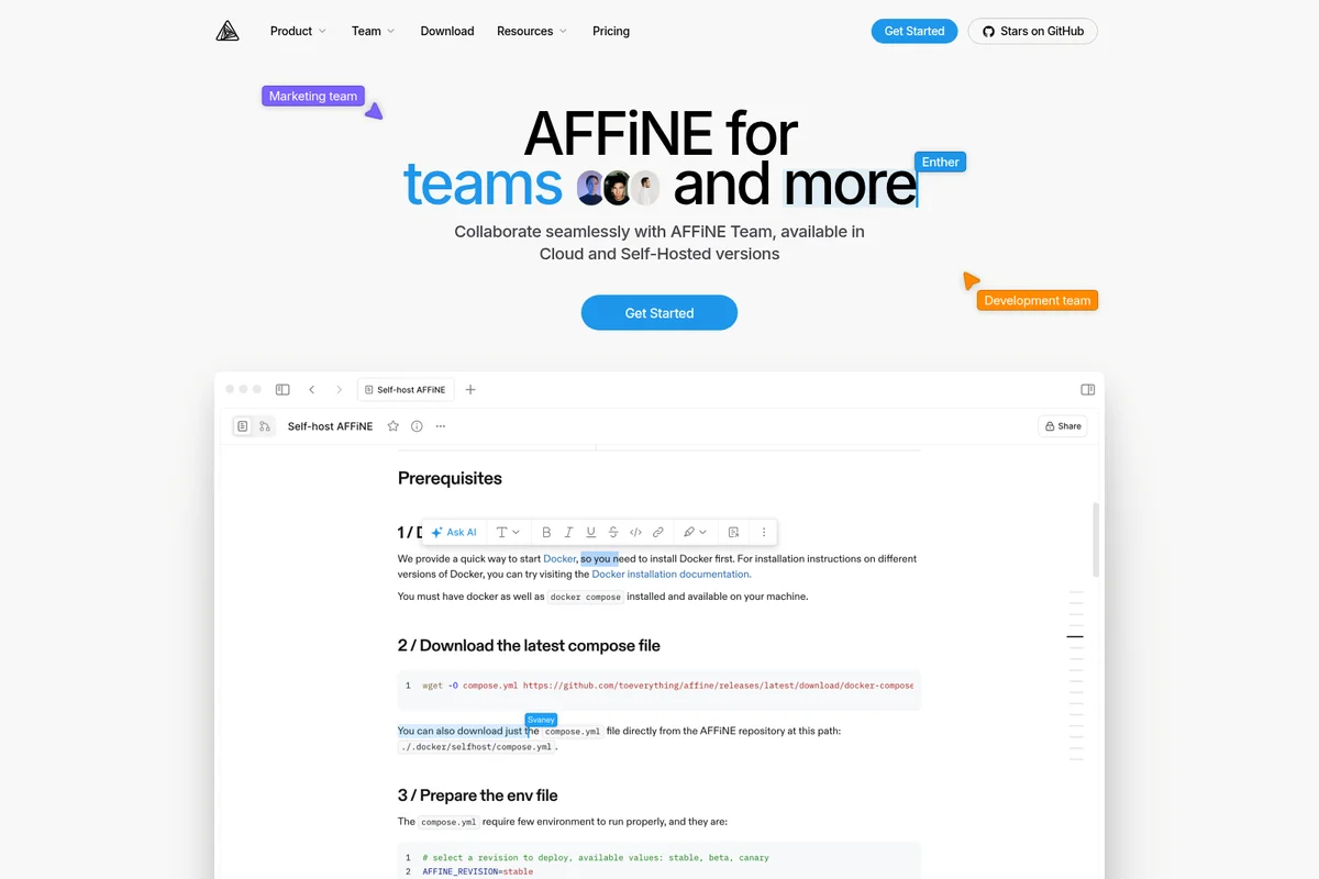 AFFINE homepage hero for teams, showing an embedded self-host documentation with a modern rich-text editor interface for collaboration.