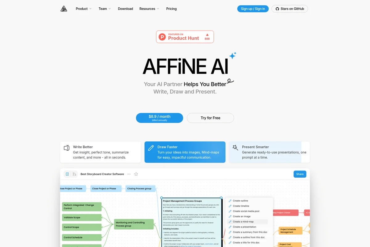 Affine AI workspace showing AI-powered mind mapping and document creation in a clean light-mode interface.