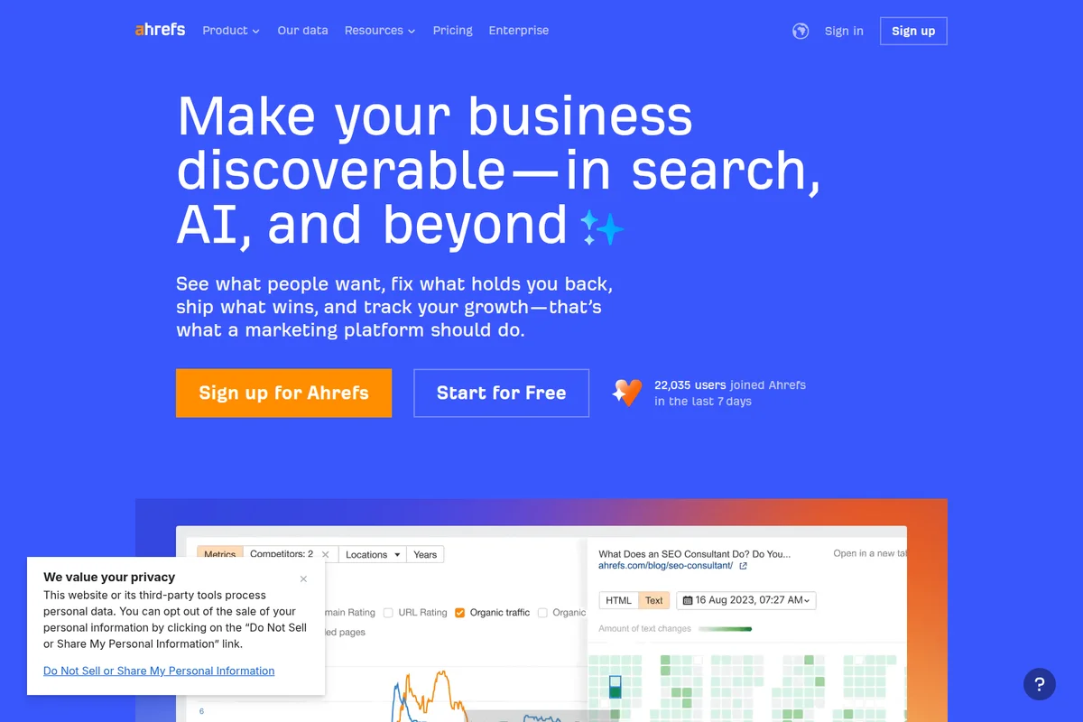 Ahrefs homepage showing its core value proposition for discoverability in search and AI, with a snippet of its SEO analytics dashboard.