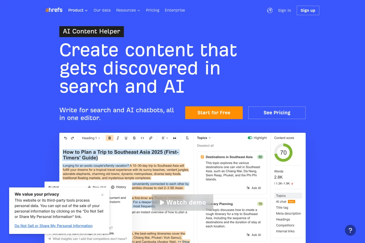 Ahrefs AI Content Helper workspace showing content editing and AI suggestions with a clean, modern interface.