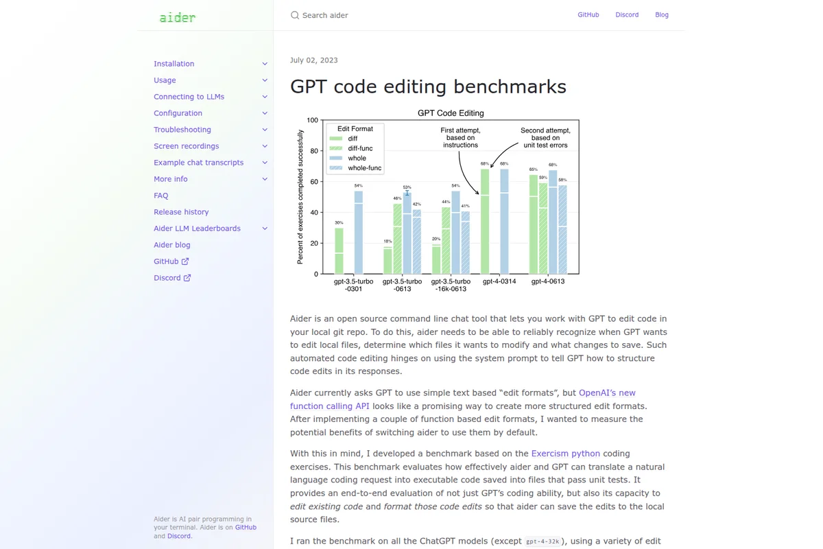 Aider benchmarks page displaying GPT code editing performance in a bar chart, comparing various models and edit formats with a clean web interface.
