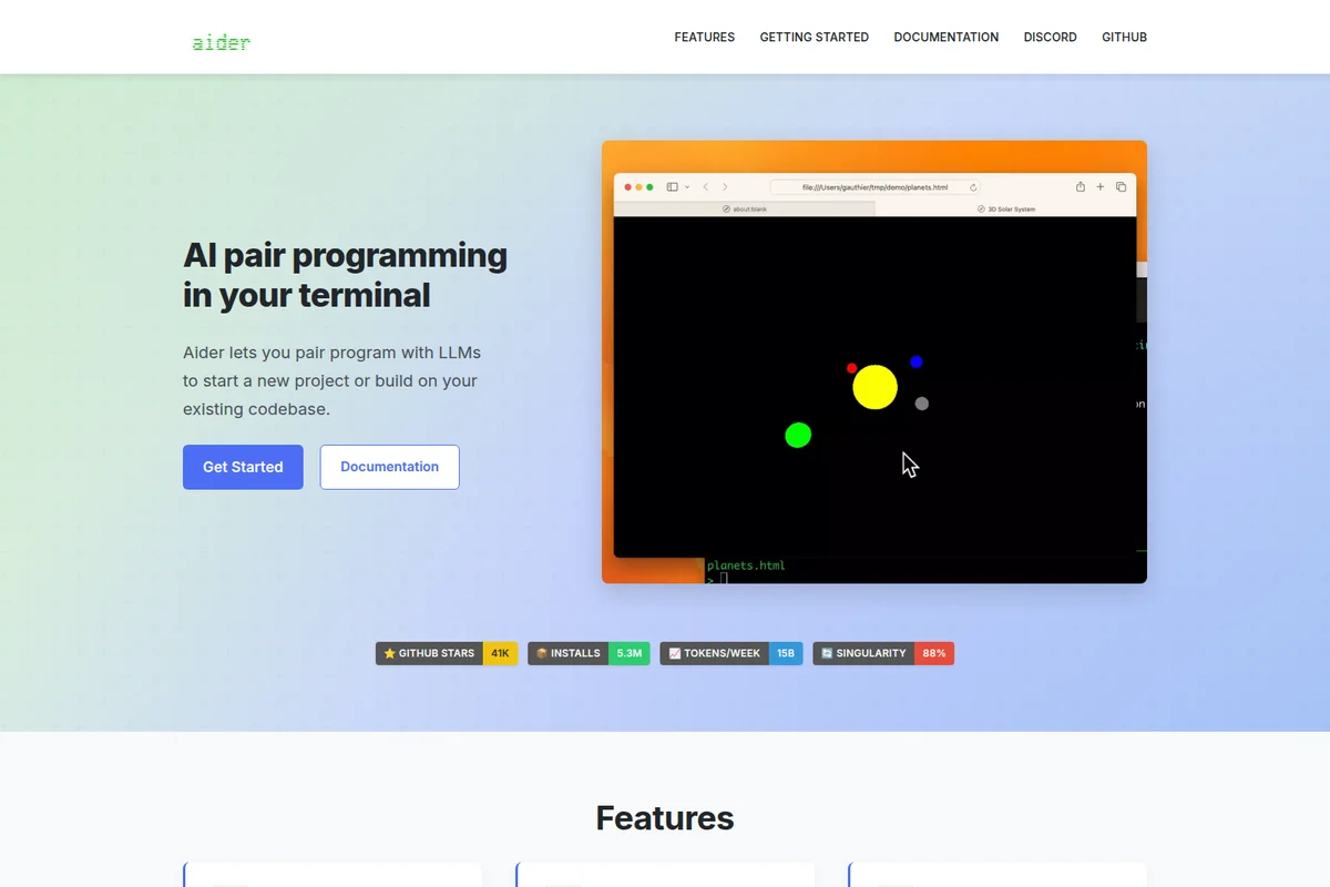 Aider landing page hero showing AI pair programming output in a browser with a solar system visualization and modern gradient design.