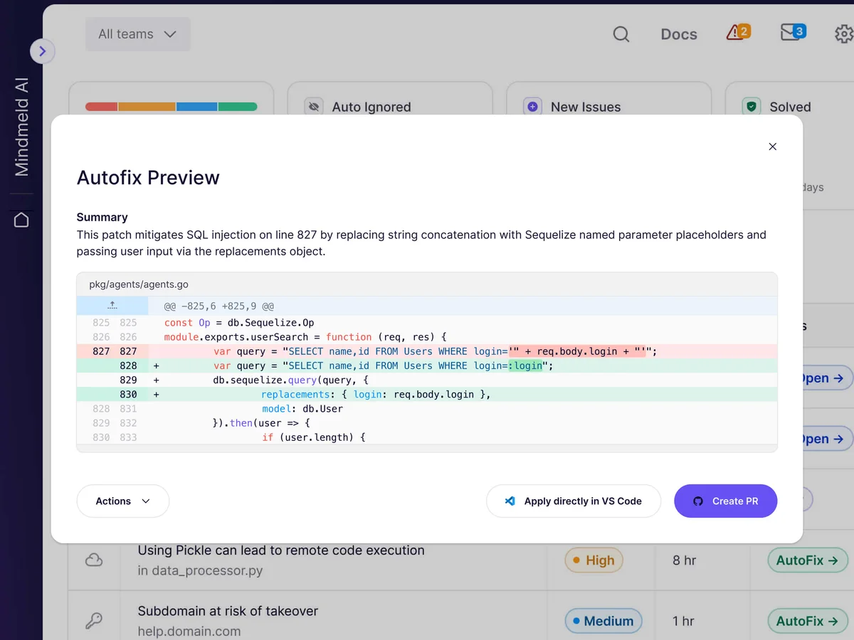 Mindmeld AI Autofix Preview showing a code diff for SQL injection mitigation with an interactive UI in a light theme.