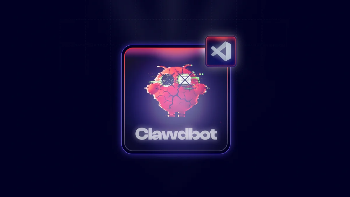 Aikido Security graphic showing 'Clawdbot' character with glitch effects, alongside a Visual Studio Code icon, set against a dark, tech-themed background.