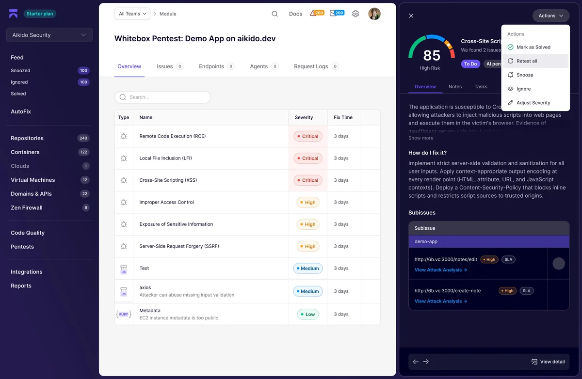 Aikido Security pentest dashboard showing security vulnerabilities and a detailed Cross-Site Scripting issue in a dark-mode interface.