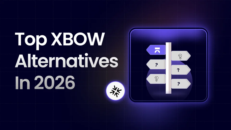 Aikido Security landing page graphic showing 'Top XBOW Alternatives In 2026' title with a signpost illustration and abstract icon on a dark grid background.
